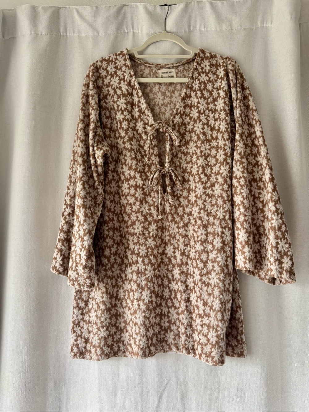 Boheme Cream & Brown Floral Knit Tie-Front Tunic Size 2 M/L